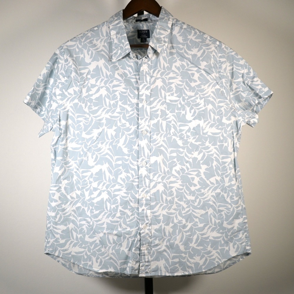 J.Crew Flex Washed Slim Fit Shirt Mens XL Blue White Leaf Print Short Sleeve